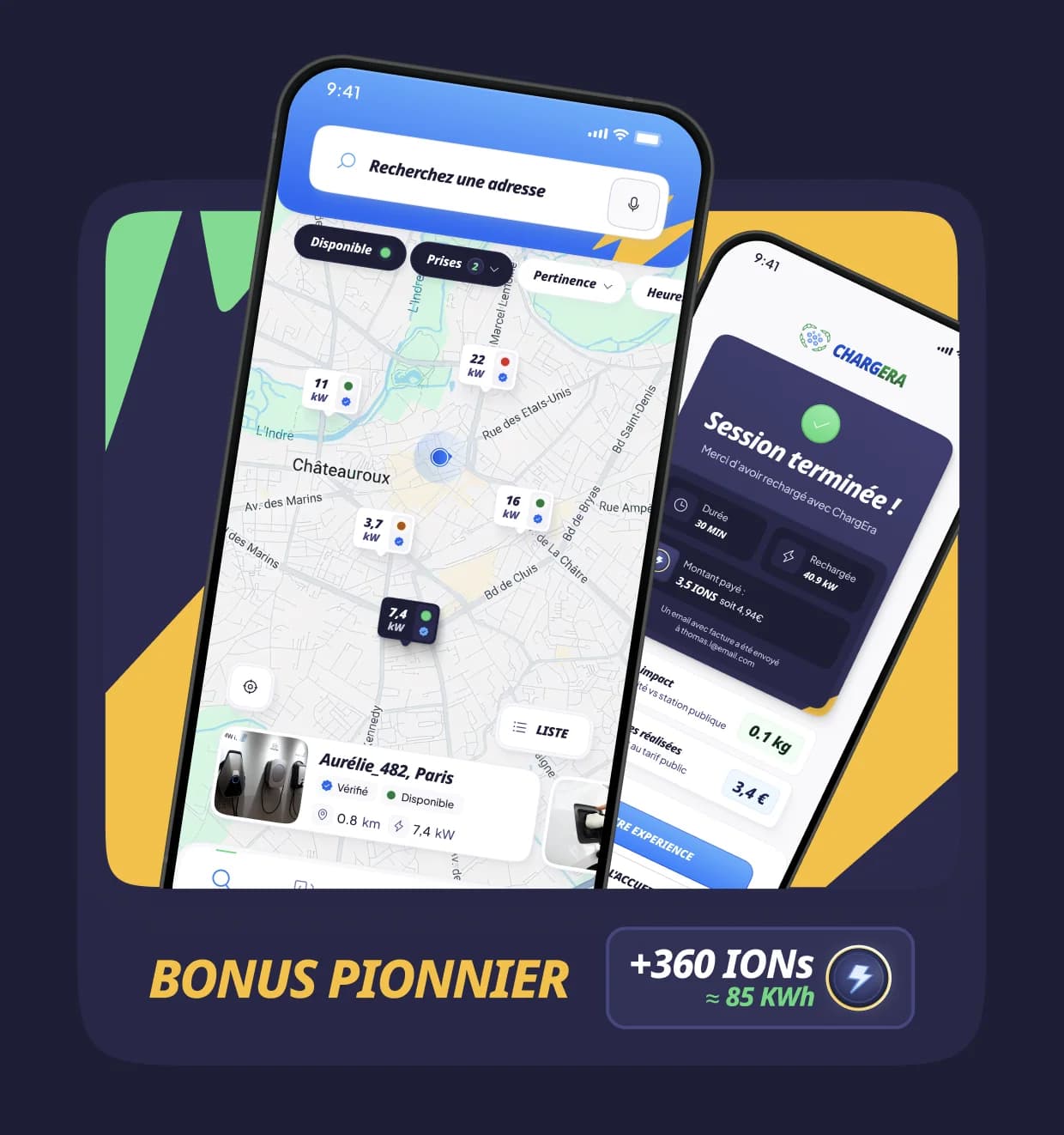 Aperçu de l'application ChargEra avec mobiles et bonus pionnier